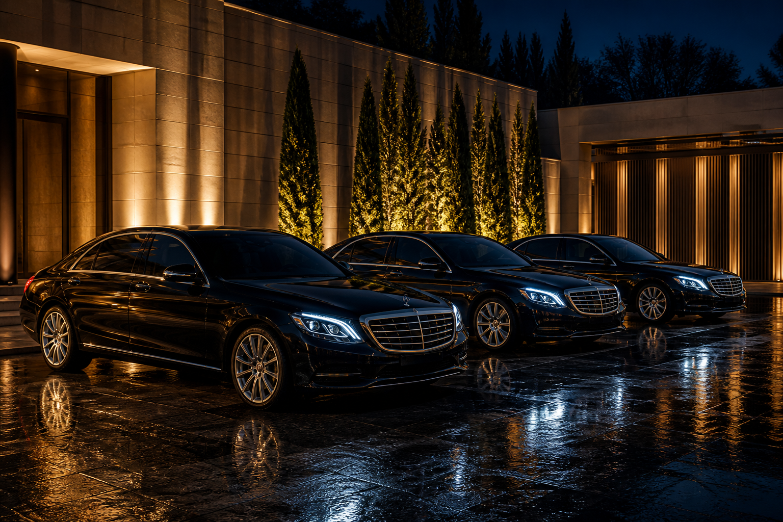 Three black luxury fleet sedans at night with gold accent lighting