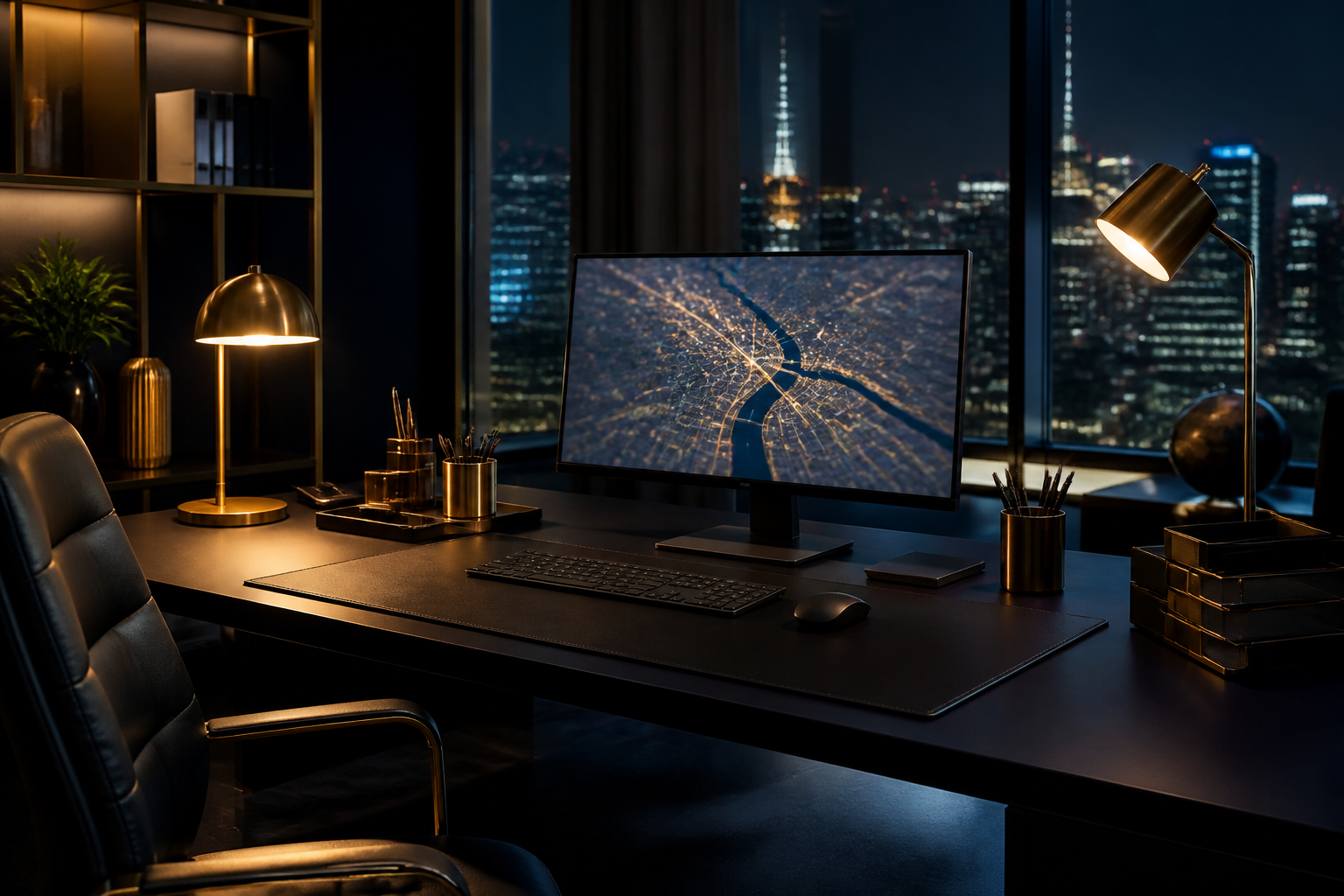 Illuminated dark navy and gold private fleet dispatch desk